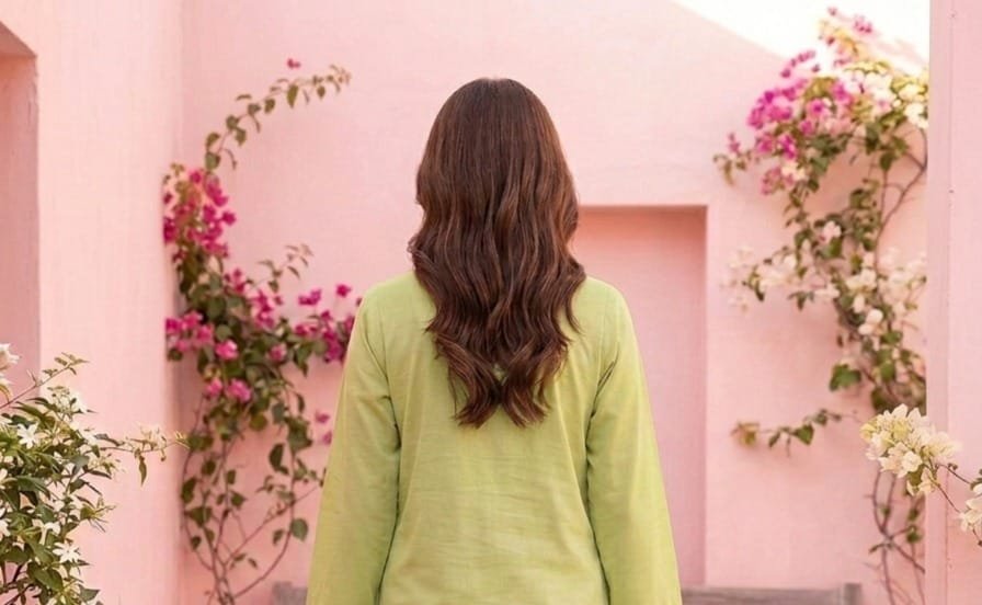 Lawn Shirt With Oraganza Overcoat – Tail back – Stiched – Lime Green - Image 4