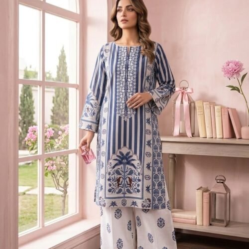 Blue & White Printed and Embroidered Lawn 2 Piece Suit – Stitched