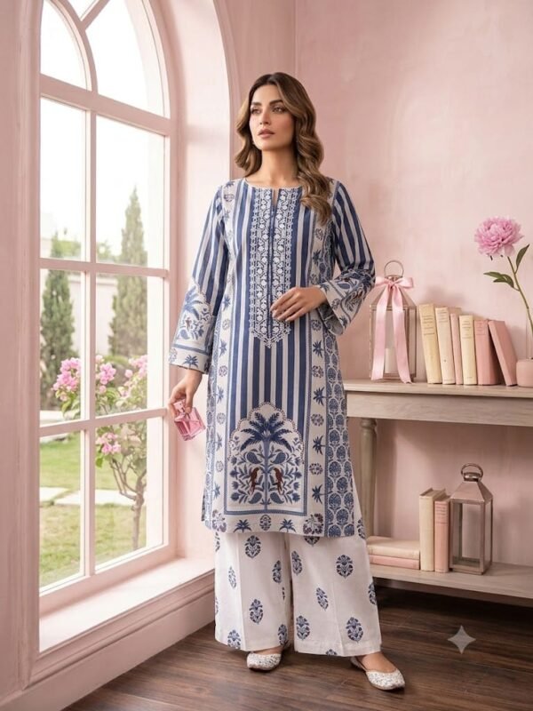 Blue & White Printed and Embroidered Lawn 2 Piece Suit – Stitched