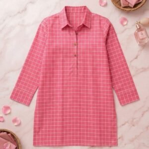 Dark Pink Check Printed Lawn Shirt – Stitched