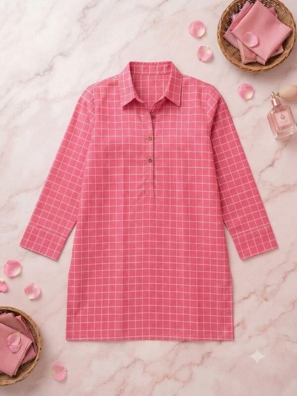Dark Pink Check Printed Lawn Shirt – Stitched