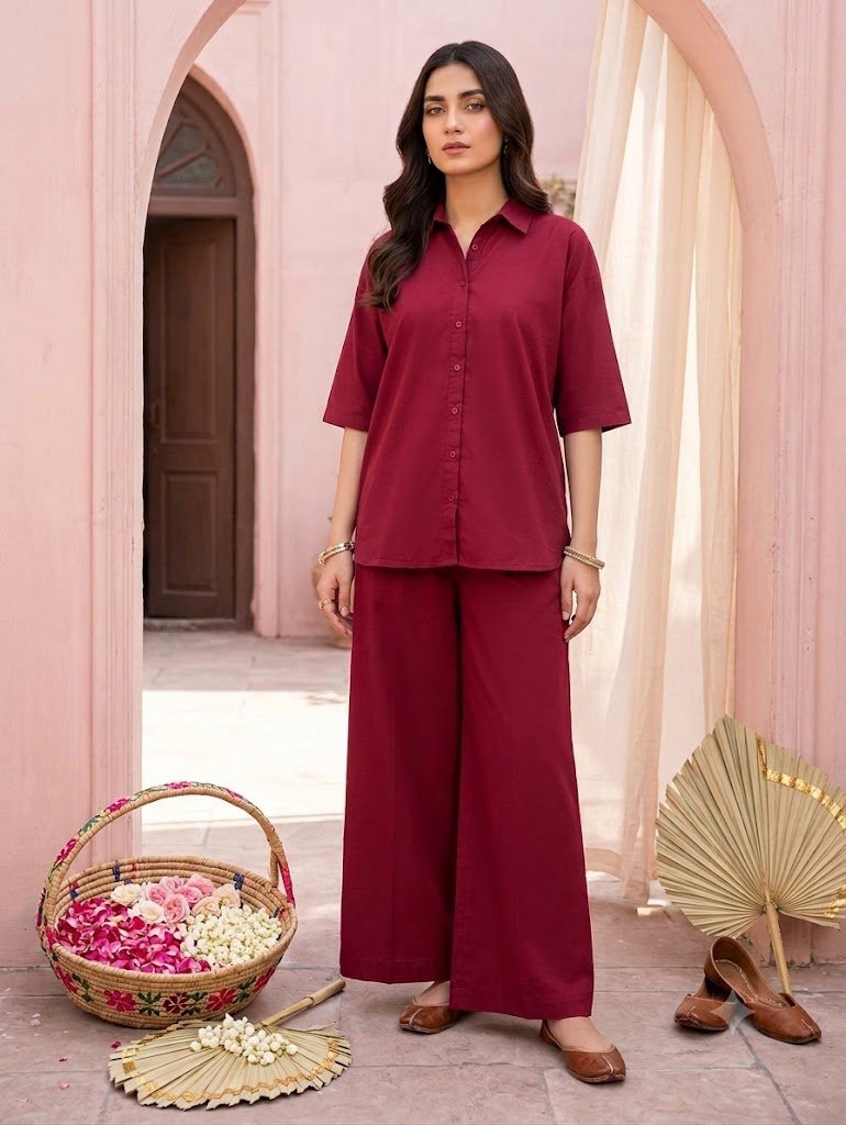 Lawn blood red co-ord set - stitched