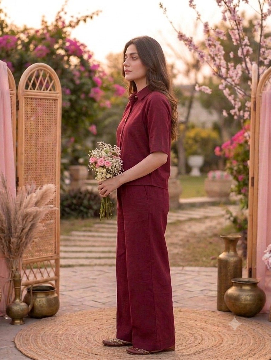 Lawn blood red co-ord set - stitched - Image 3