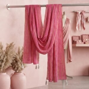 Premium Pink Chiffon Dupatta with Golden Stripes & Tassels