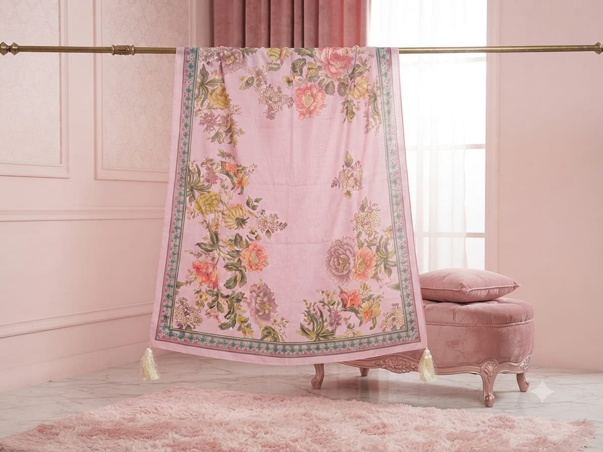 Premium Pink Floral Dupatta with Tassels