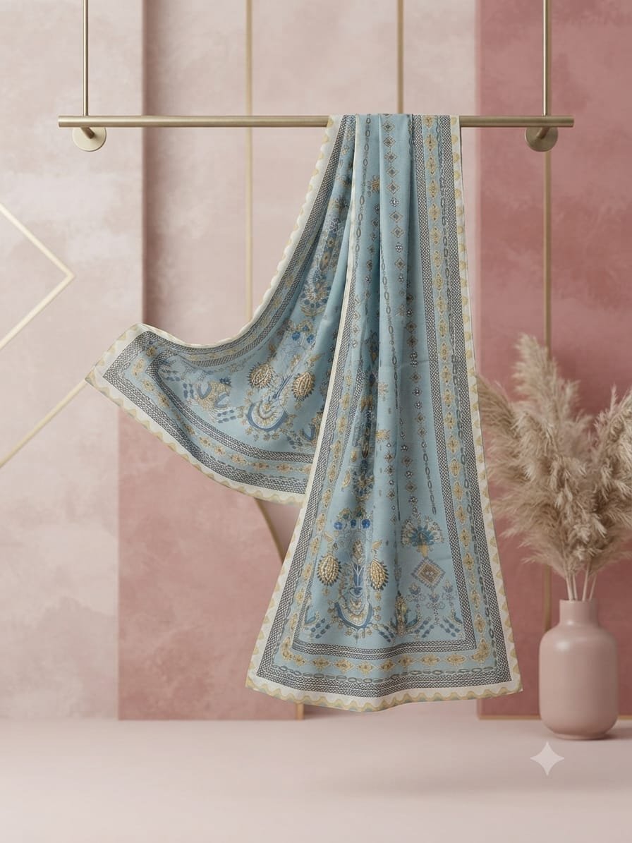 Premium Light Blue Printed Dupatta