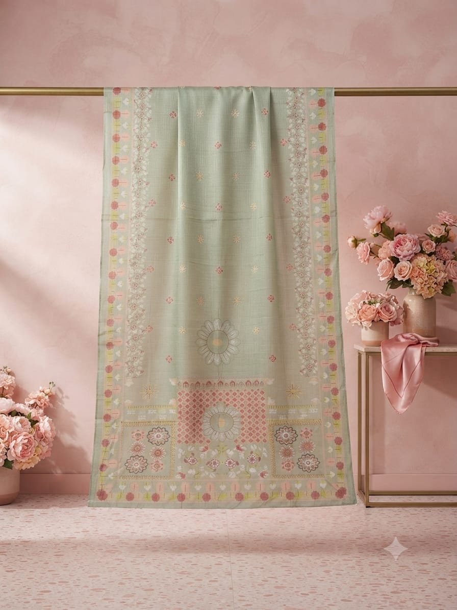 Elegant Sage Green Floral Printed Nano Dupatta