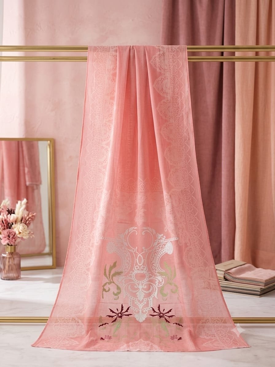 Elegant Pink Embroidered Border Nano Fabric