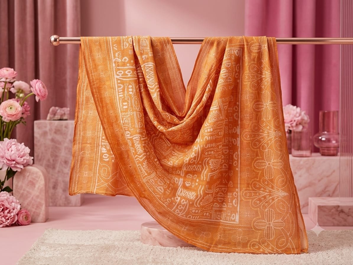 Mustard Floral Line-Art Printed Apple Silk Dupatta