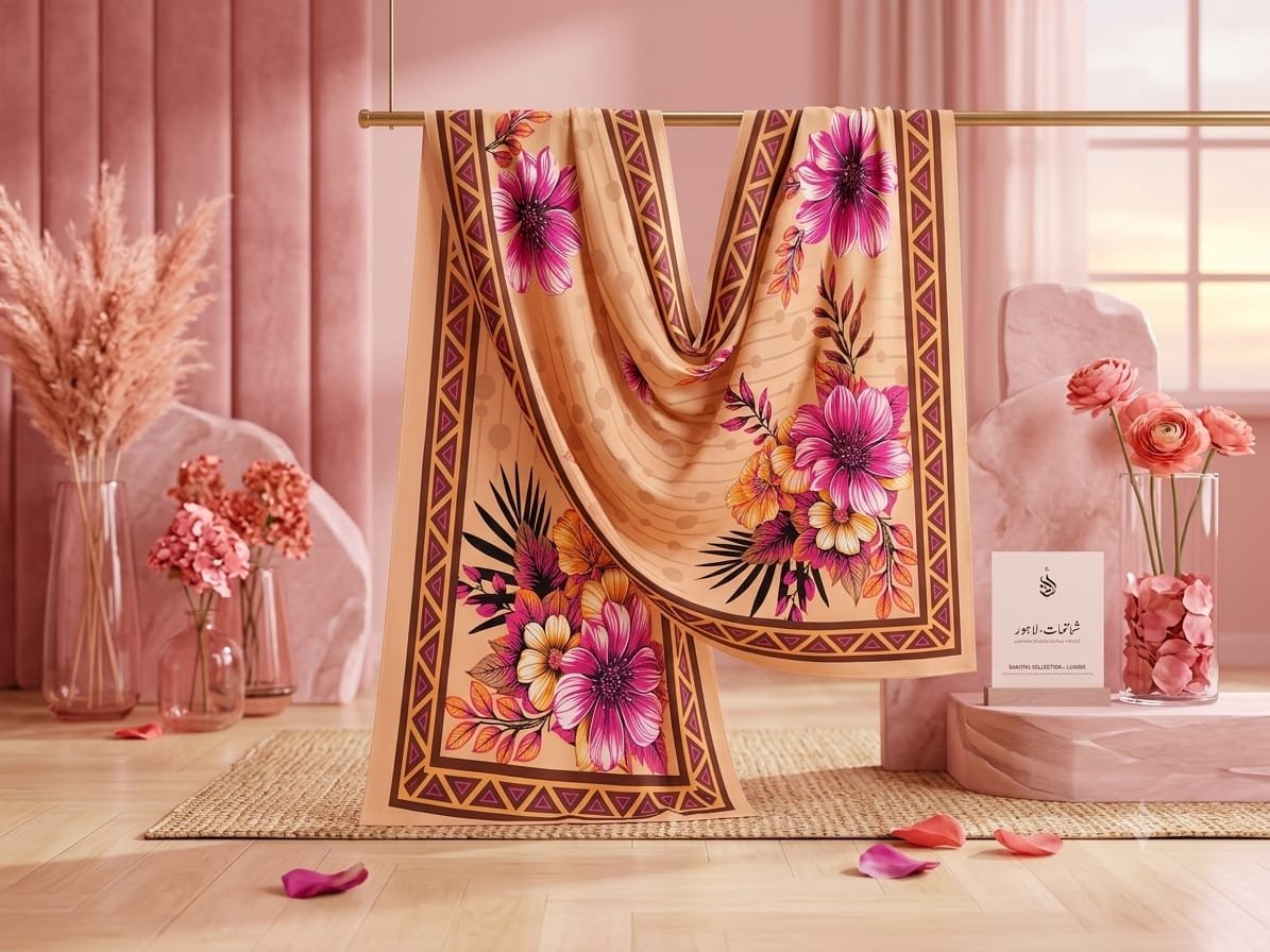 Warm Camel Floral Bouquet Printed Wool Shawl