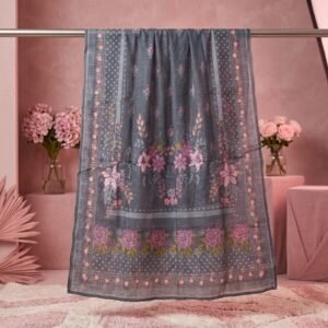 Smokey Grey Pink Rose Printed Viscose Dupatta