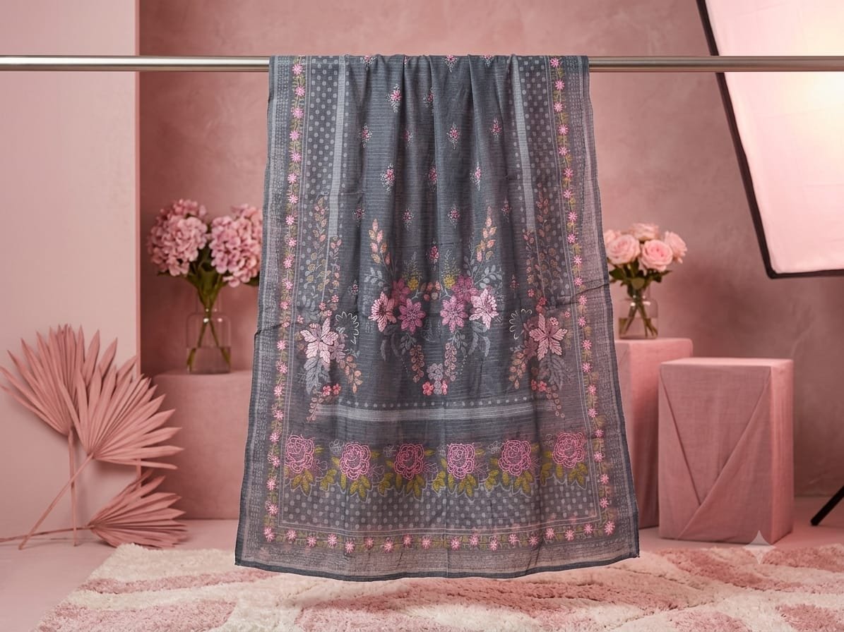 Smokey Grey Pink Rose Printed Viscose Dupatta