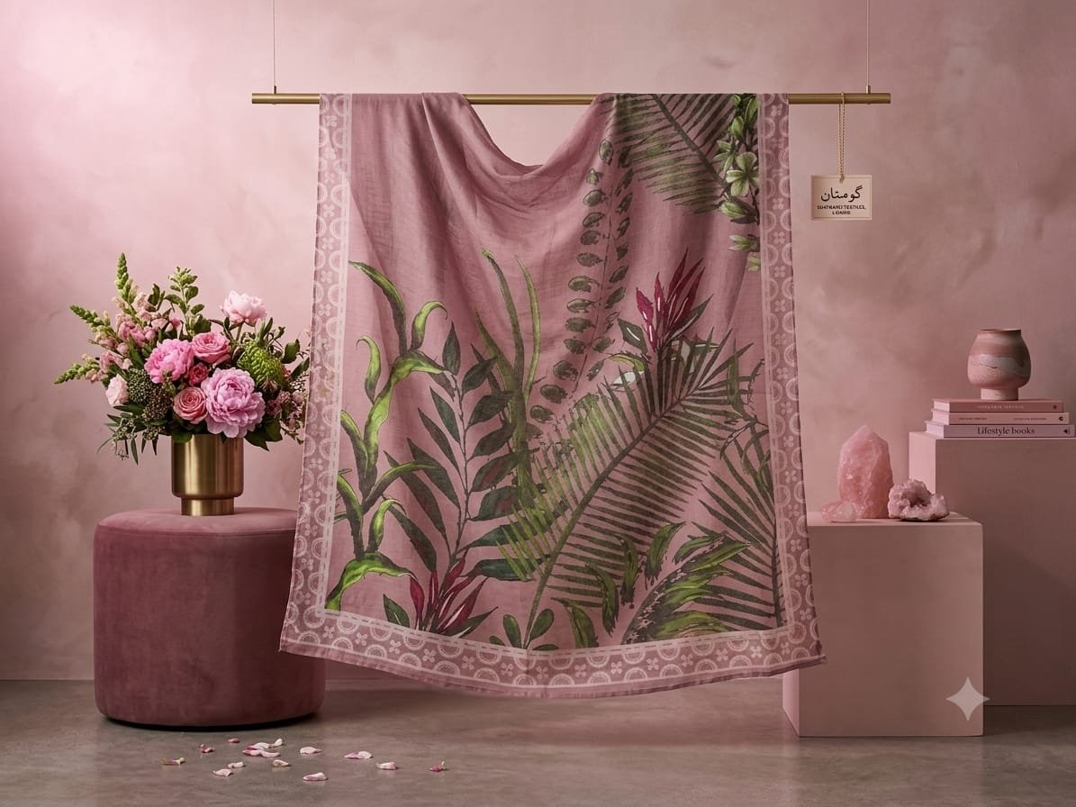 Blush Rose Palm Leaf Printed Apple Silk Dupatta