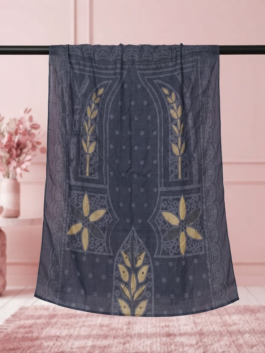 Elegant Charcoal Grey Printed Nano Dupatta with Golden Floral Motifs