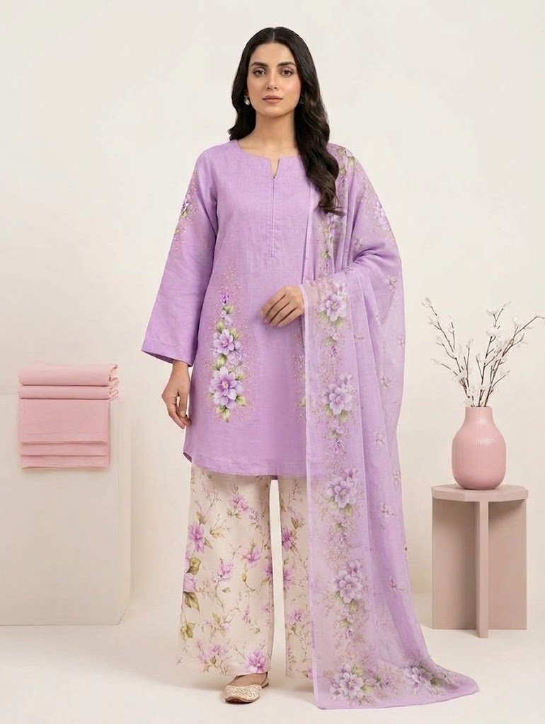 Printed Violet Petal – 3-Piece Viscose Suit with Chiffon Dupatta _ Unstitched - Image 2