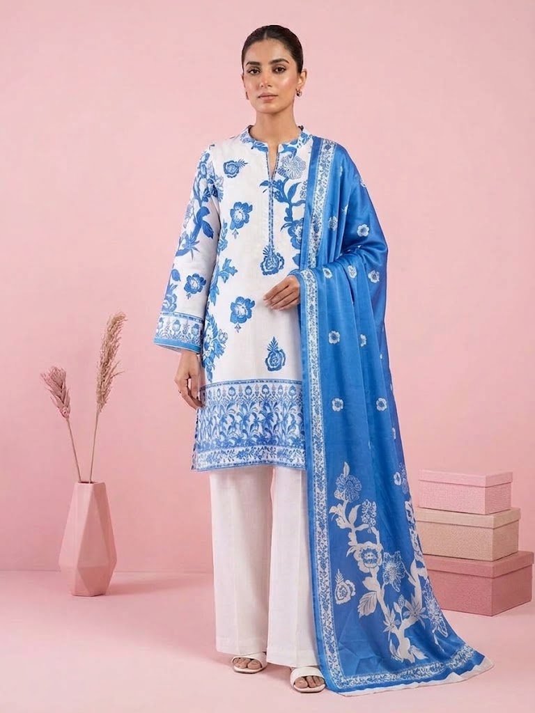Printed Blue and white Viscose suit with apple silk Duppata 3pc suit - unstitched - Image 2
