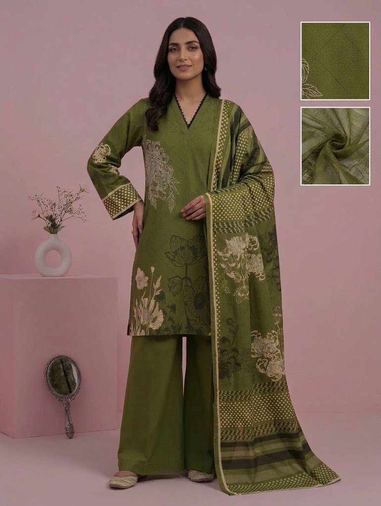 Emerald Bloom – Stitched Khaddar & Monarch Dupatta 3PC Set _ Printed - unstitched