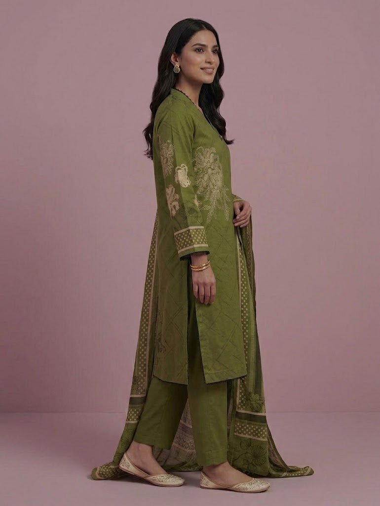 Emerald Bloom – Stitched Khaddar & Monarch Dupatta 3PC Set _ Printed - unstitched - Image 3