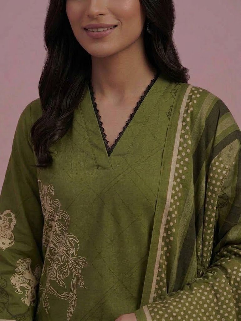 Emerald Bloom – Stitched Khaddar & Monarch Dupatta 3PC Set _ Printed - unstitched - Image 2