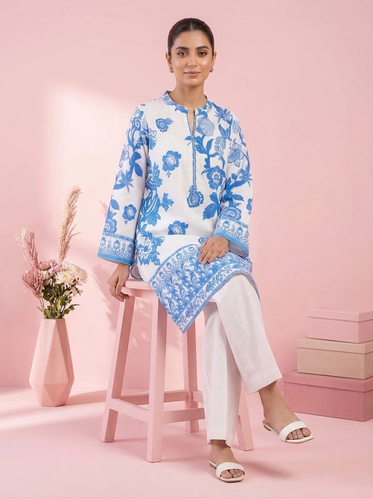 Printed Blue and white Viscose suit with apple silk Duppata 3pc suit - unstitched - Image 3