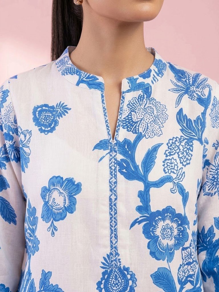 Printed Blue and white Viscose suit with apple silk Duppata 3pc suit - unstitched - Image 4