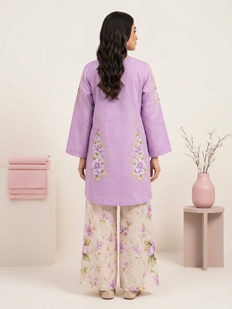 Printed Violet Petal – 3-Piece Viscose Suit with Chiffon Dupatta _ Unstitched - Image 5