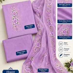 Printed Violet Petal – 3-Piece Viscose Suit with Chiffon Dupatta _ Unstitched