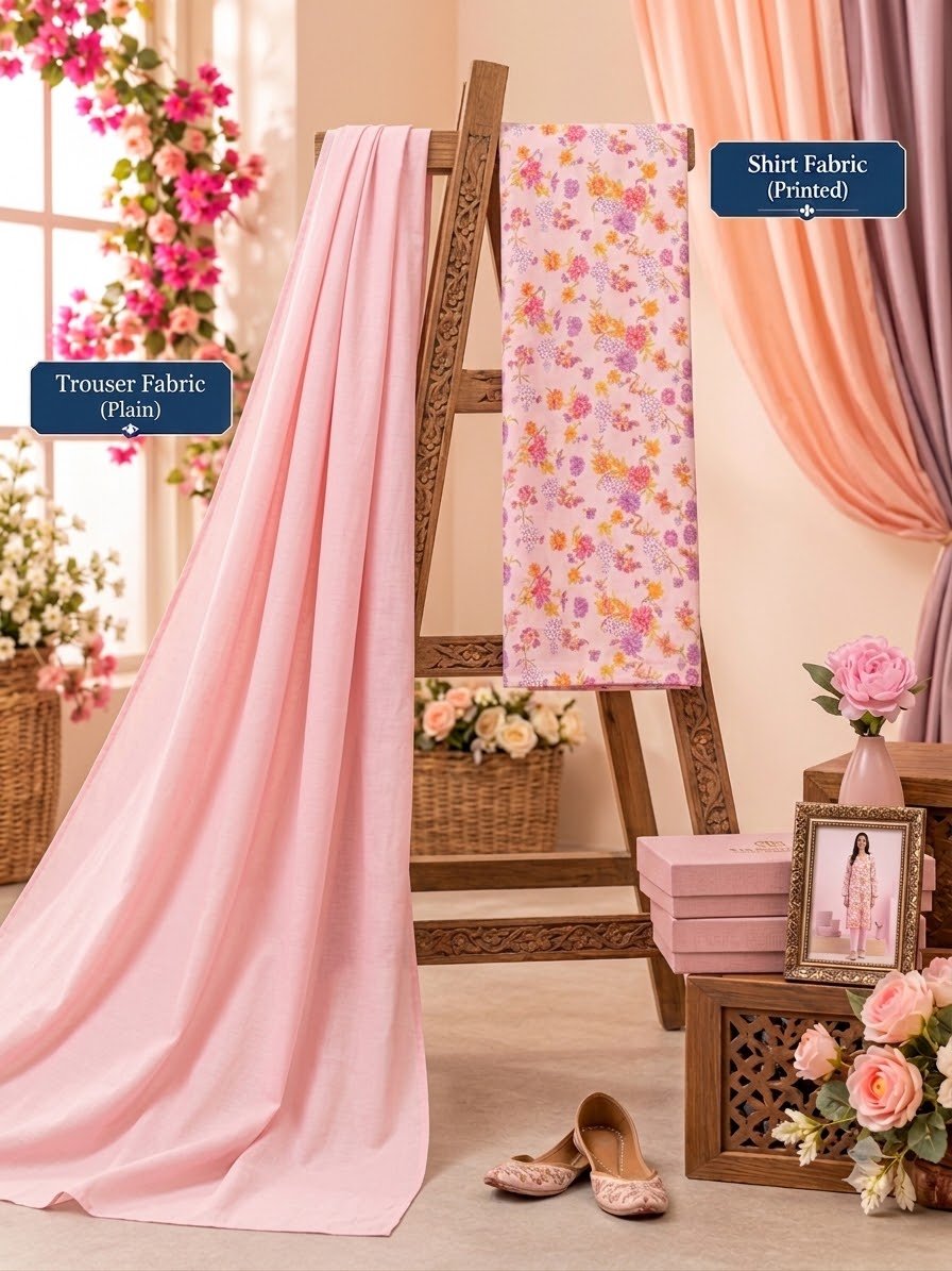 Pink Gardenia – Unstitched 2-Piece Printed Hairingbone Suit