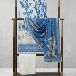 Printed Blue and white Viscose  suit with apple silk Duppata 3pc suit - unstitched