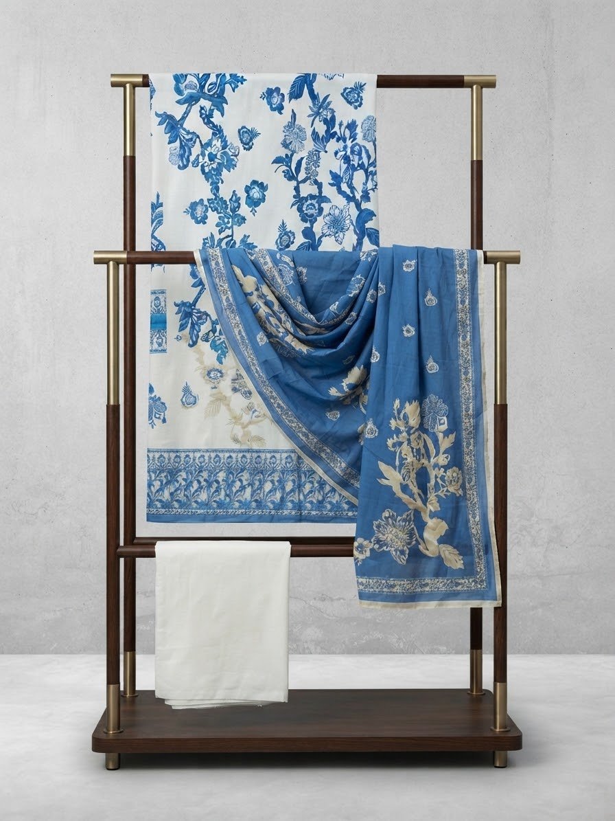 Printed Blue and white Viscose suit with apple silk Duppata 3pc suit - unstitched
