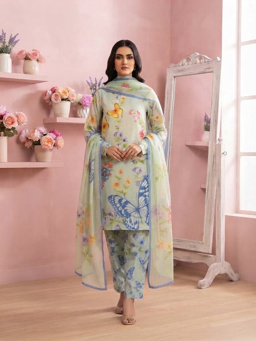 Pastel Bloom Viscose 3-Piece Suit with Apple Silk Dupatta - Image 2