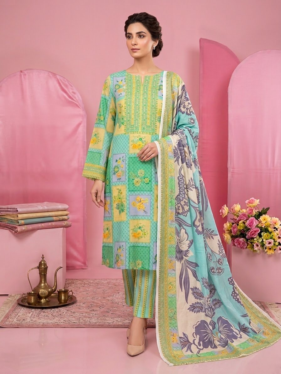 Aqua Glow – Printed Herringbone 3-Piece Unstitched Suit - Image 2