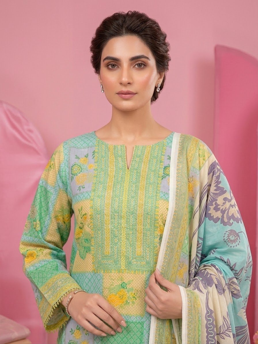 Aqua Glow – Printed Herringbone 3-Piece Unstitched Suit - Image 3