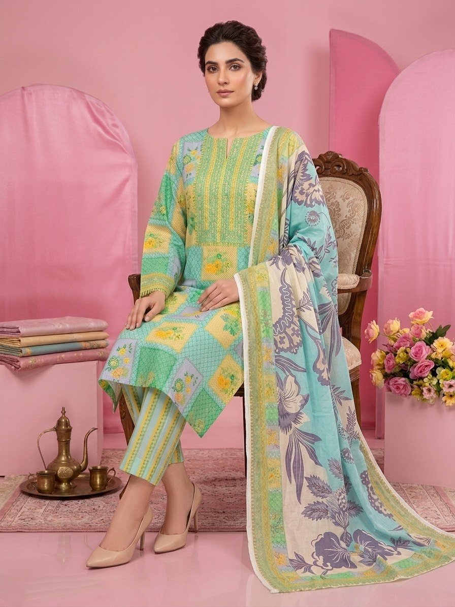 Aqua Glow – Printed Herringbone 3-Piece Unstitched Suit - Image 4