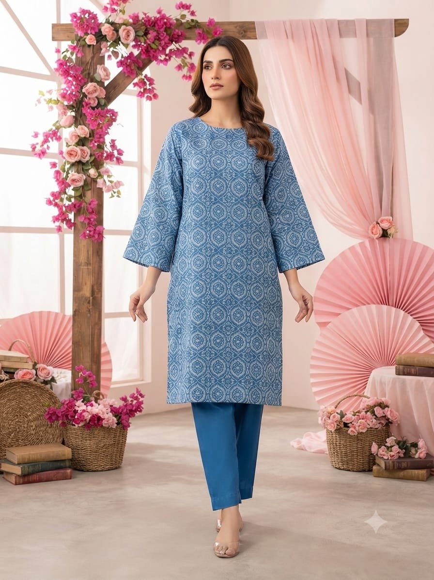 Royal Blue Filigree – Printed 3-Piece Unstitched Suit - Hairingbone - Image 2