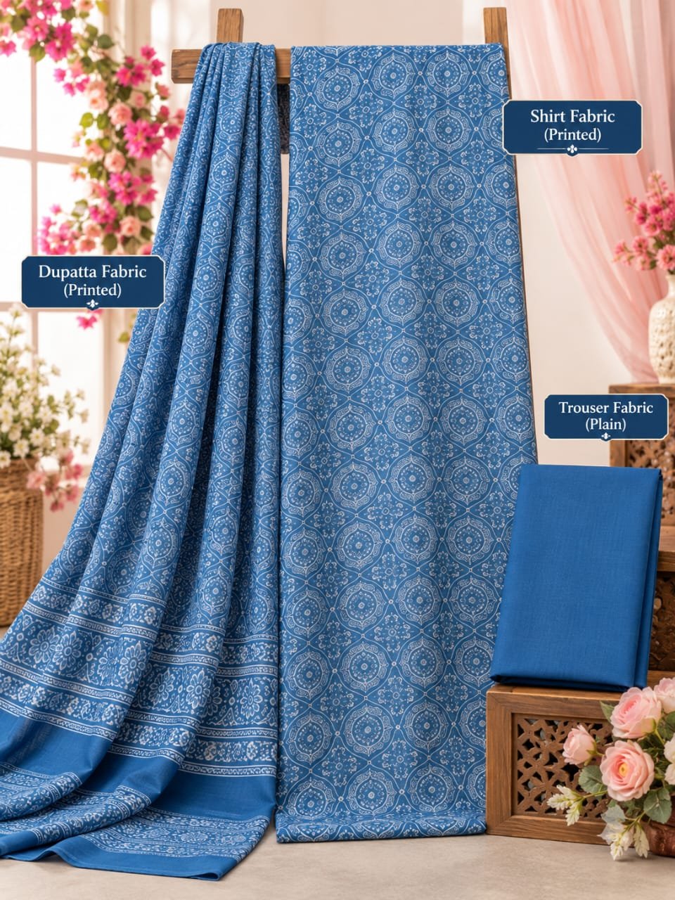Royal Blue Filigree – Printed 3-Piece Unstitched Suit - Hairingbone