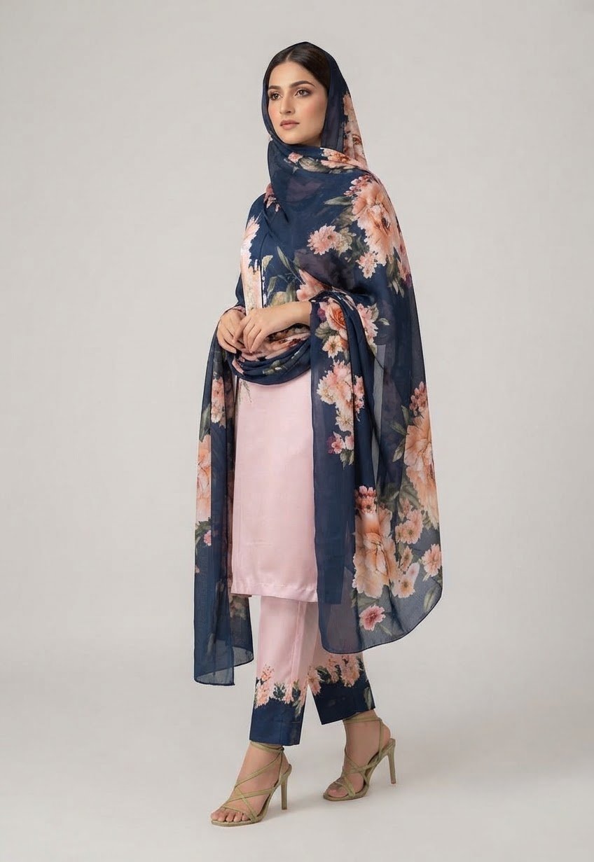 Midnight Peony – Viscose 3-Piece Unstitched Suit with Apple Silk Dupatta
